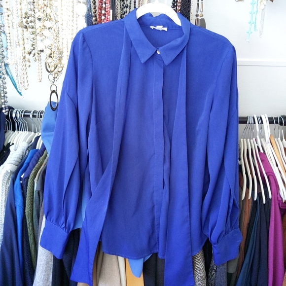 Blue neck tie button down blouse with balloon lantern sleeves - Picture 9 of 10